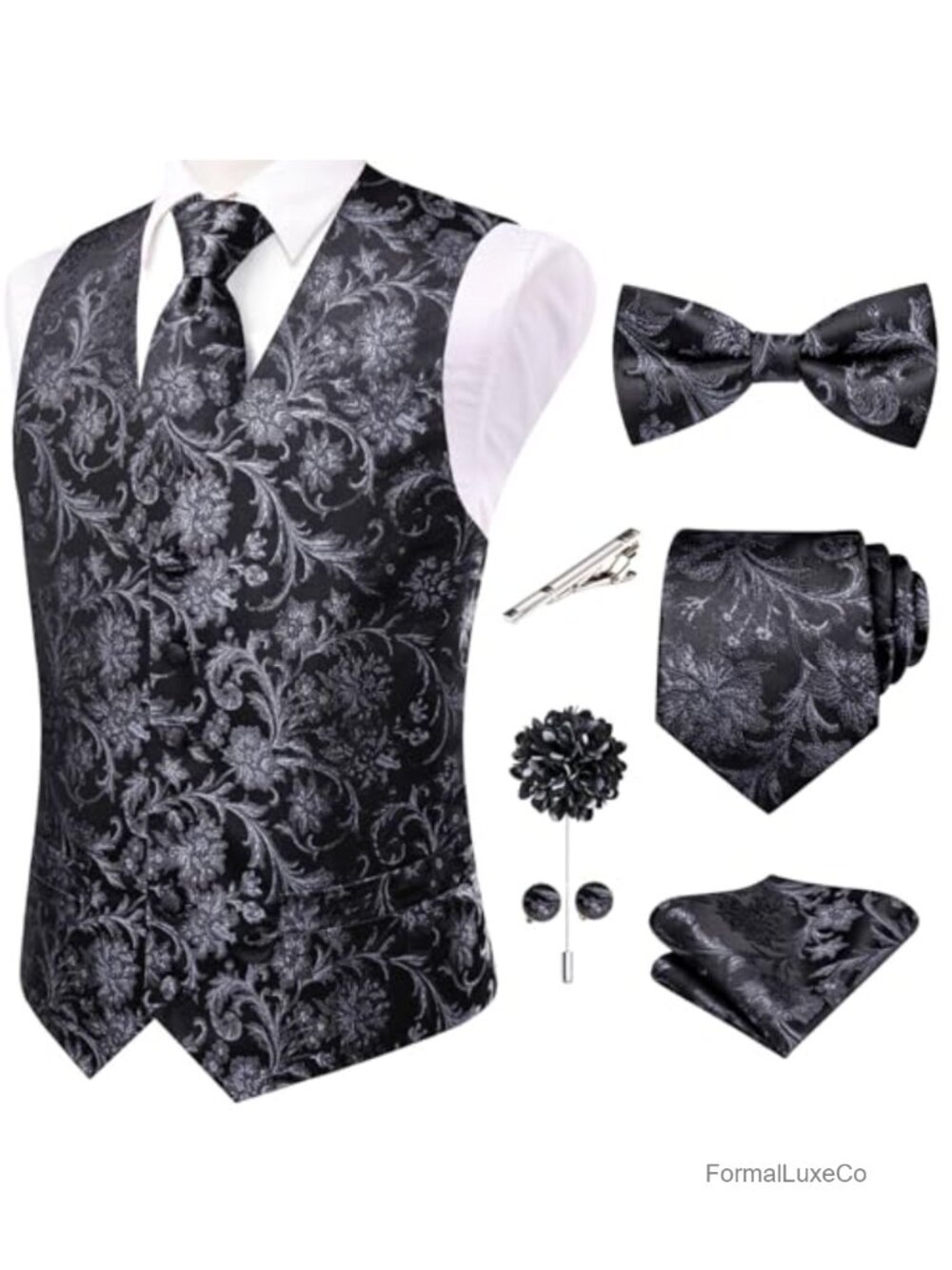 Men's Paisley Silk Vest Bowtie Tie Set 7PCS Formal Suit Vests